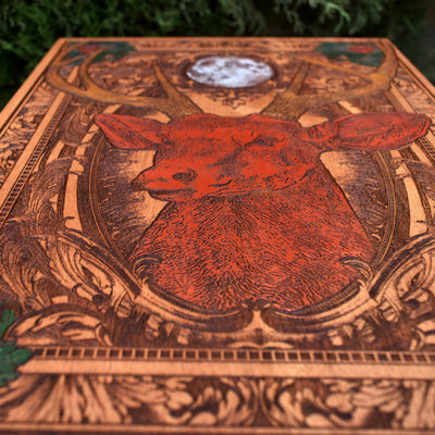 Gothic engraved wood art – gothic art, engraved wood, dark fantasy, skeleton design, artisan crafted