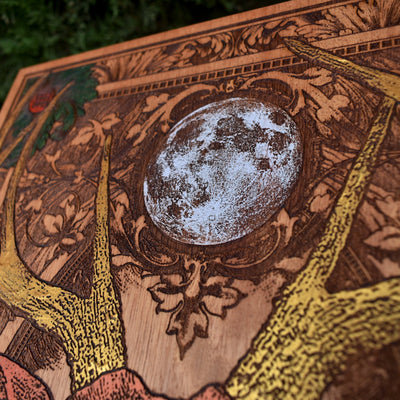 Gothic engraved wood art – gothic art, engraved wood, dark fantasy, skeleton design, artisan crafted