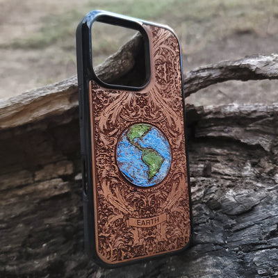Laser-engraved Earth design on a wooden phone case, compatible with iPhone 16, iPhone 15, Galaxy S25, and more.