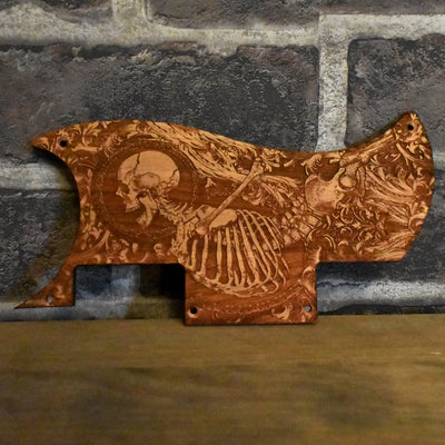 Handcrafted cherry wood Epiphone SG guitar pickguard with laser-engraved Stumble Skeleton design