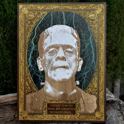 Frankenstein Monster - Large - Black & Walnut Stained – gothic art, engraved wood, dark fantasy, skeleton design, artisan crafted