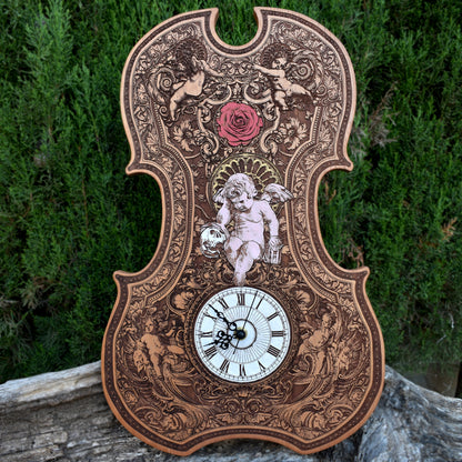 Handmade gothic violin clock with intricate laser engraving. A unique wedding & anniversary gift for music lovers & gothic décor collectors.
