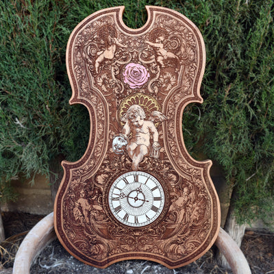 Handmade cedar wood violin-shaped clock with gothic patterns, hand-painted and laser-engraved. Functional, unique artwork perfect for collectors, music lovers, and gothic decor enthusiasts.