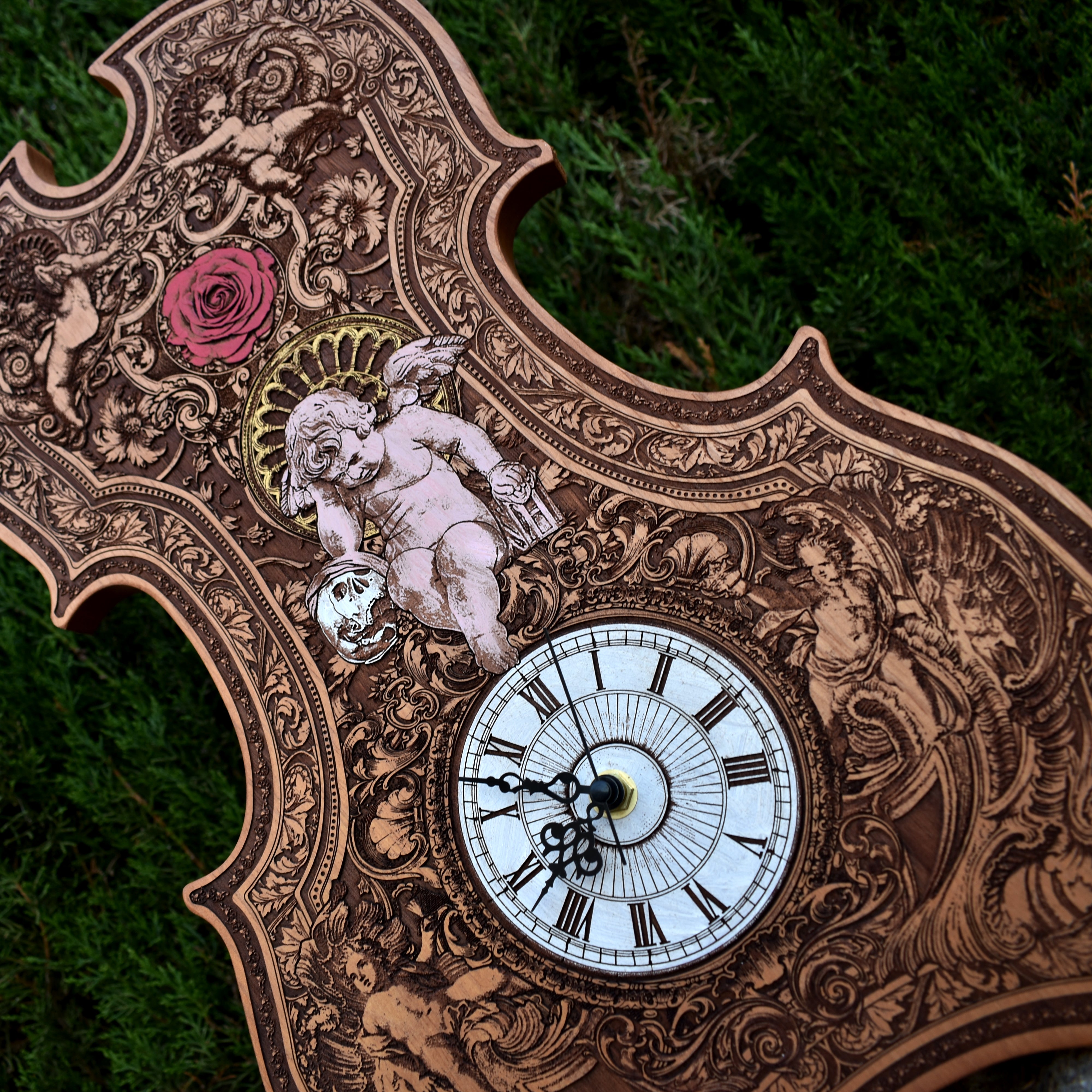 Handmade gothic violin clock with intricate laser engraving. A unique wedding & anniversary gift for music lovers & gothic décor collectors.