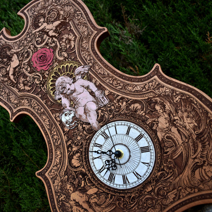 Handmade gothic violin clock with intricate laser engraving. A unique wedding & anniversary gift for music lovers & gothic décor collectors.