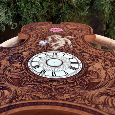 Handmade cedar wood violin-shaped clock with gothic patterns, hand-painted and laser-engraved. Functional, unique artwork perfect for collectors, music lovers, and gothic decor enthusiasts.