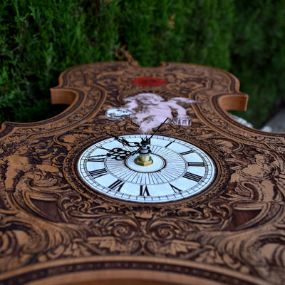 Handmade gothic violin clock with intricate laser engraving. A unique wedding & anniversary gift for music lovers & gothic décor collectors.