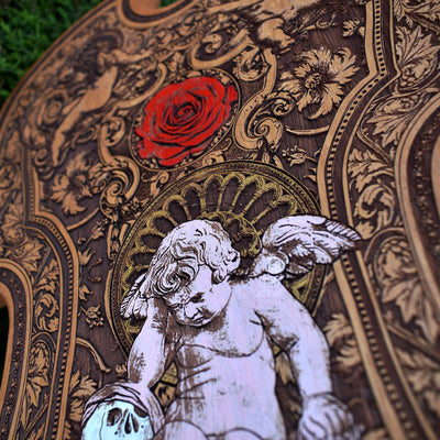 Gothic engraved wood art – gothic art, engraved wood, dark fantasy, skeleton design, artisan crafted