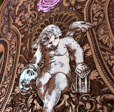 Gothic engraved wood art – gothic art, engraved wood, dark fantasy, skeleton design, artisan crafted