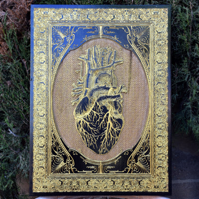 Heart Black Paint - Large – gothic art, engraved wood, dark fantasy, skeleton design, artisan crafted
