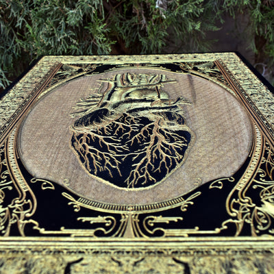 Gothic engraved wood art – gothic art, engraved wood, dark fantasy, skeleton design, artisan crafted