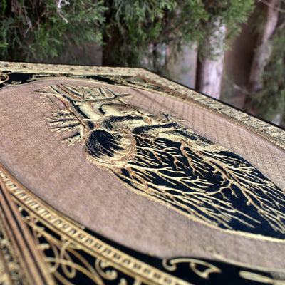 Gothic engraved wood art – gothic art, engraved wood, dark fantasy, skeleton design, artisan crafted