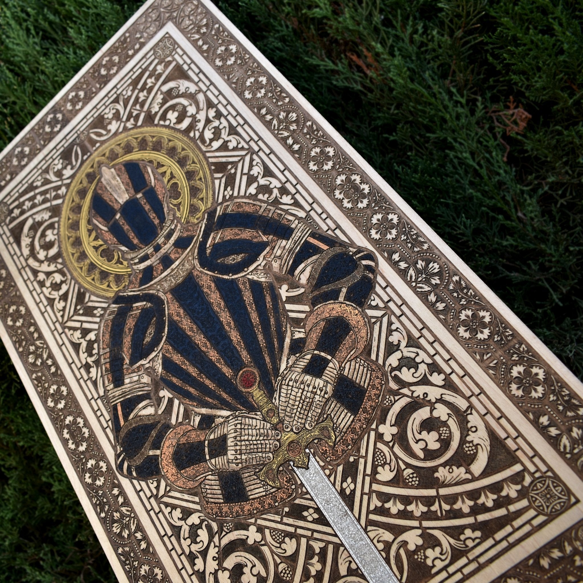 Engraved wooden cross skull wall hanging - dark medieval art