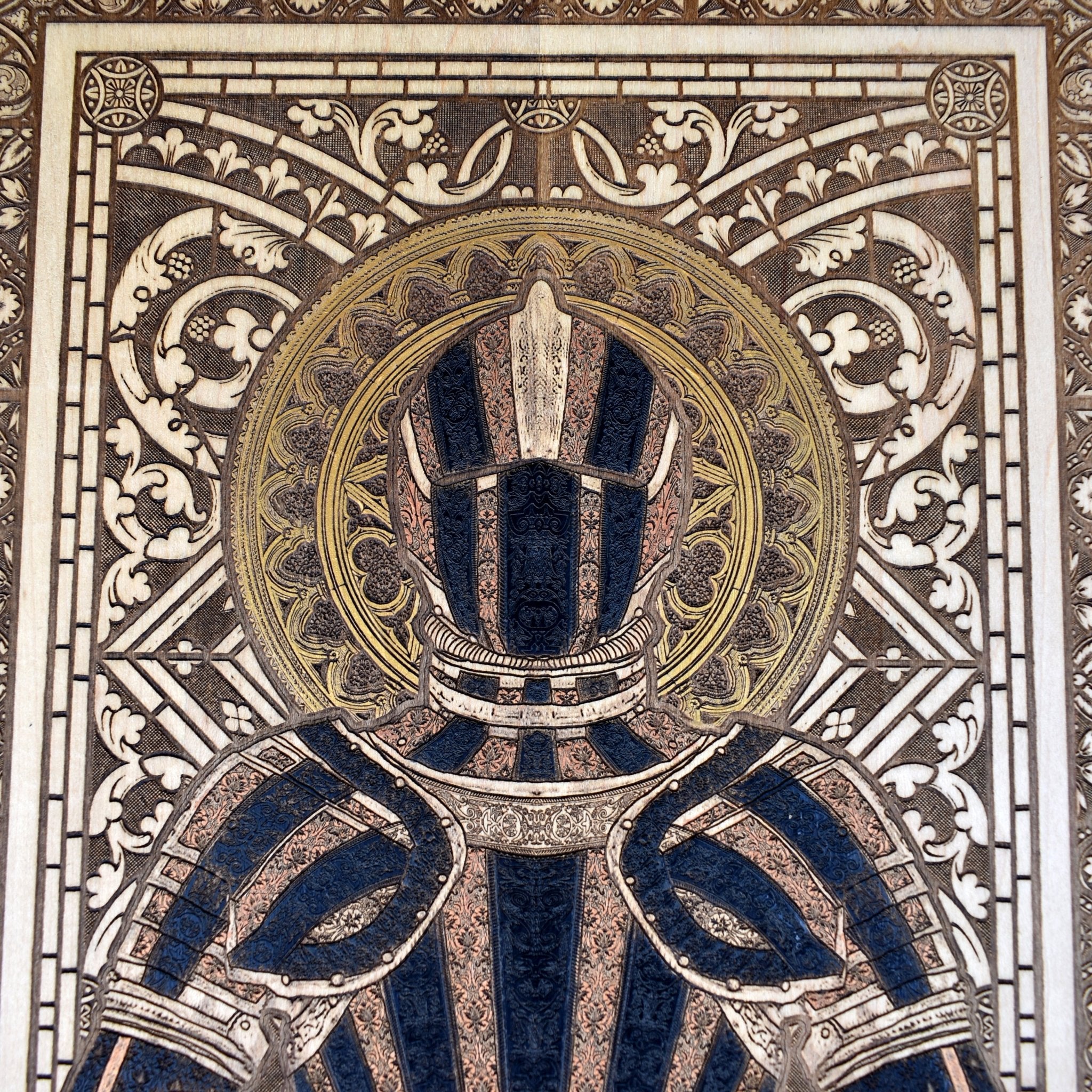 Honor & Armour wooden engraving, a stunning mix of dark elegance and strength.