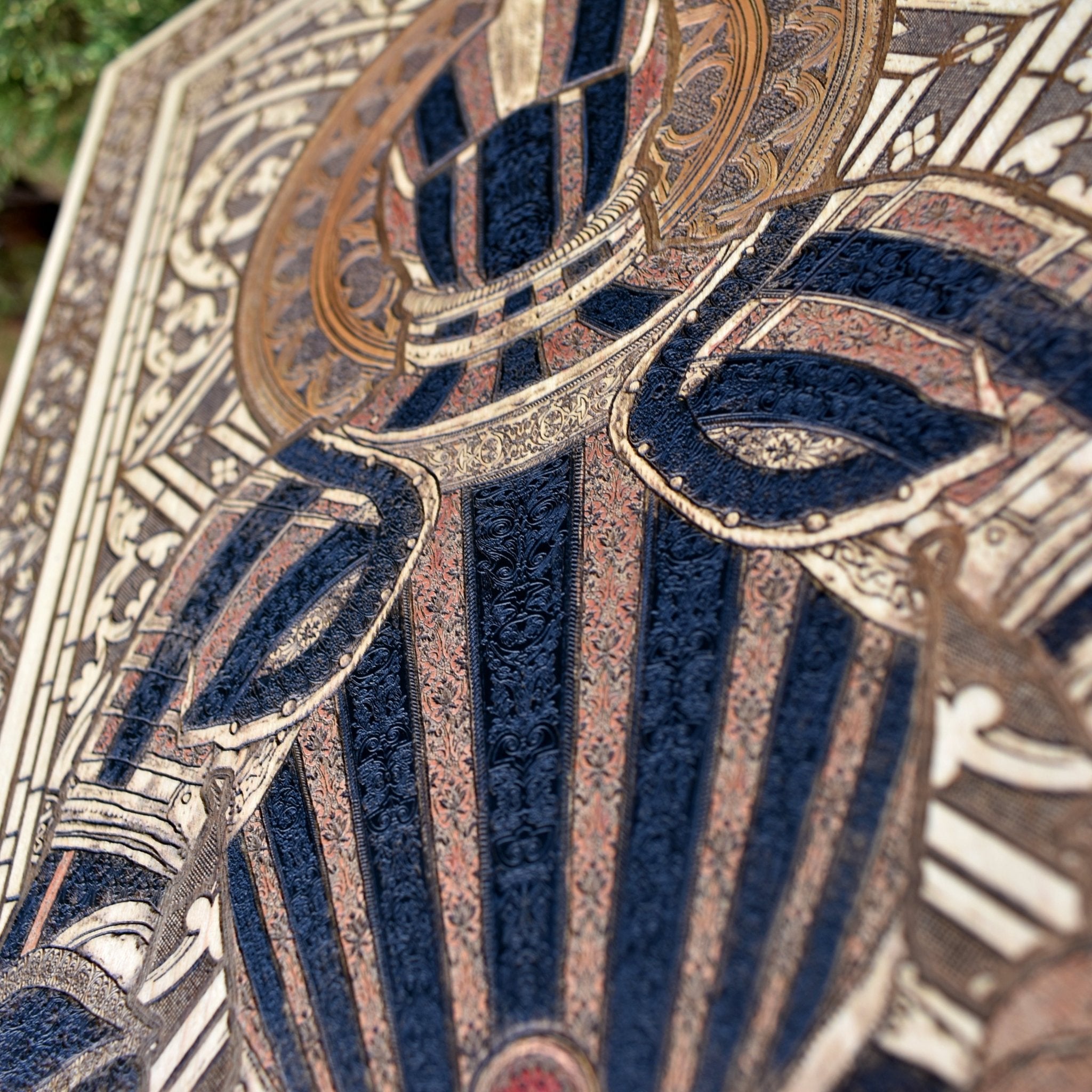 Limited edition warrior-themed woodcut wall art, handcrafted and intricately detailed.