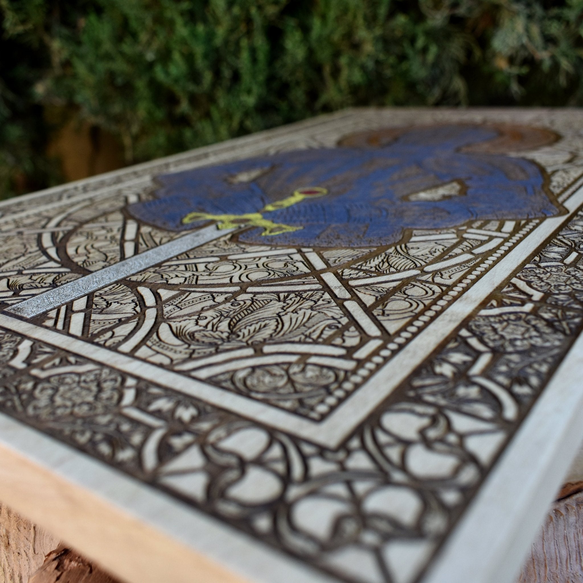 Large wooden wall art of medieval armor – perfect for rustic homes