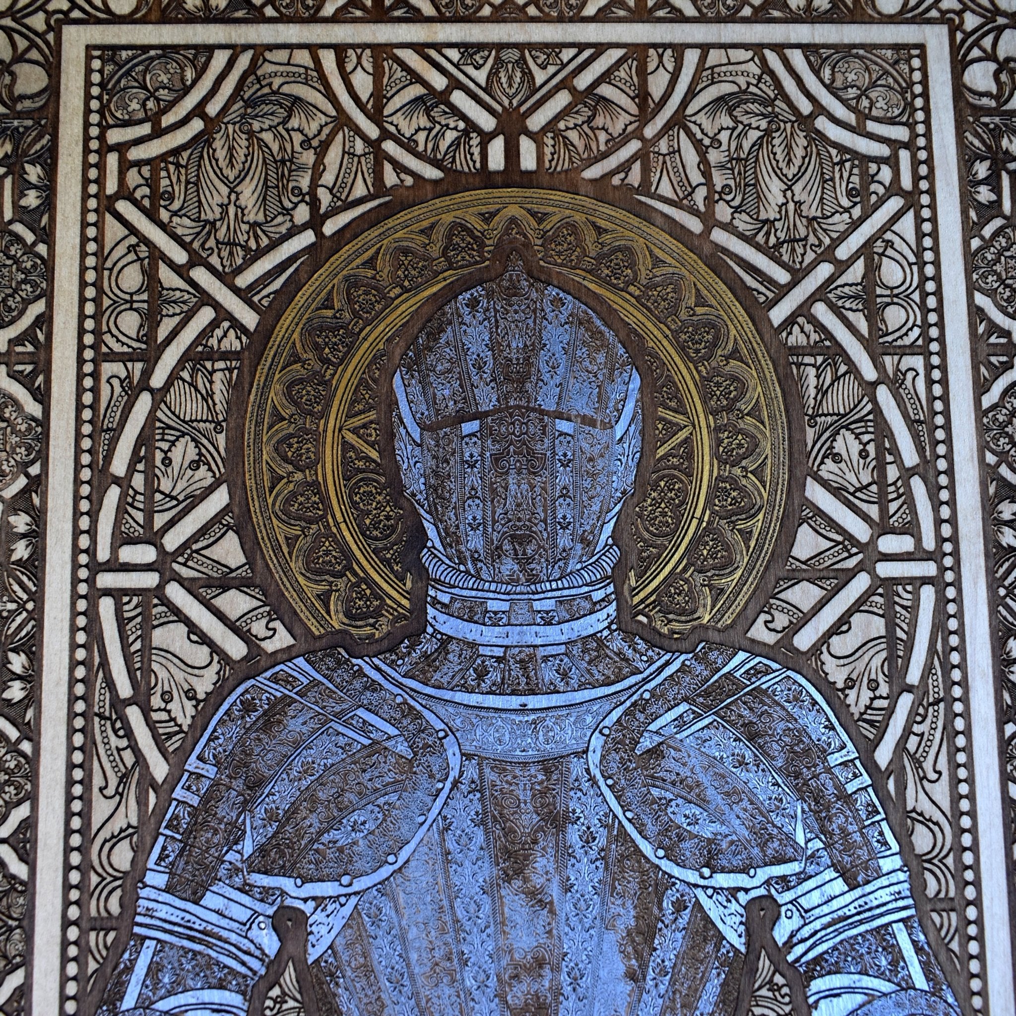 Rustic wooden knight armor engraving – unique medieval home decor