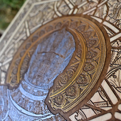 Limited edition warrior-themed woodcut wall art, handcrafted and intricately detailed.