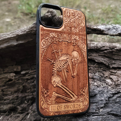 Three of Swords tarot wood phone case – engraved & painted for iPhone , Galaxy S – symbolic heart and sorrow design
