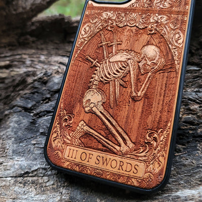 Three of Swords tarot wood phone case – engraved & painted for iPhone , Galaxy S – symbolic heart and sorrow design