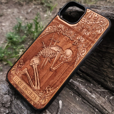 Three of Swords tarot wood phone case – engraved & painted for iPhone , Galaxy S – symbolic heart and sorrow design
