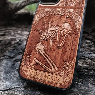 Three of Swords tarot wood phone case – engraved & painted for iPhone , Galaxy S – symbolic heart and sorrow design