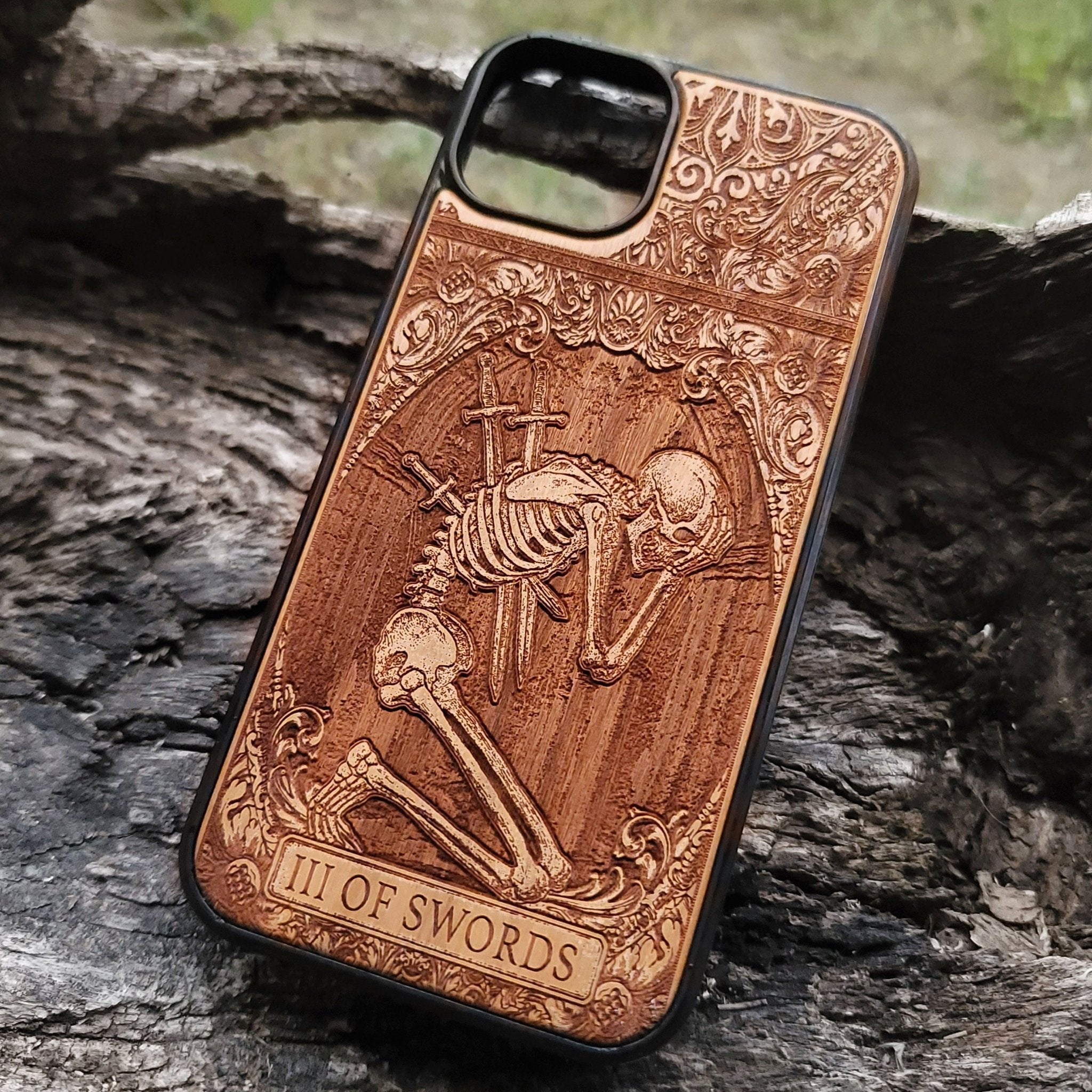 Three of Swords tarot wood phone case – engraved & painted for iPhone , Galaxy S – symbolic heart and sorrow design
