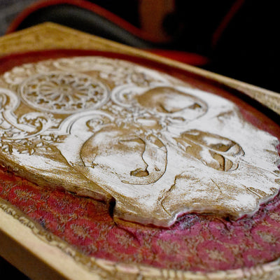 Gothic Skull Hand-Carved Medium – gothic art, engraved wood, dark fantasy, skeleton design, artisan crafted