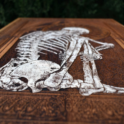 Gothic engraved wood art – gothic art, engraved wood, dark fantasy, skeleton design, artisan crafted