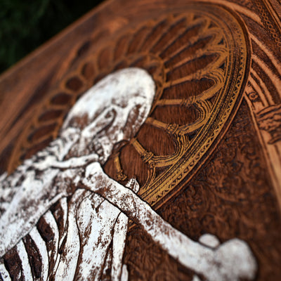 Gothic engraved wood art – gothic art, engraved wood, dark fantasy, skeleton design, artisan crafted