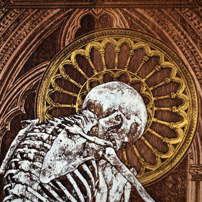 Gothic engraved wood art – gothic art, engraved wood, dark fantasy, skeleton design, artisan crafted