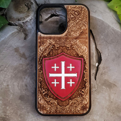 Hand painted Jerusalem Cross phone case with engraved shield design for iPhone 16 and Galaxy S25.