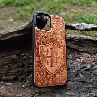 Medieval cross wood case iPhone Galaxy handcrafted design