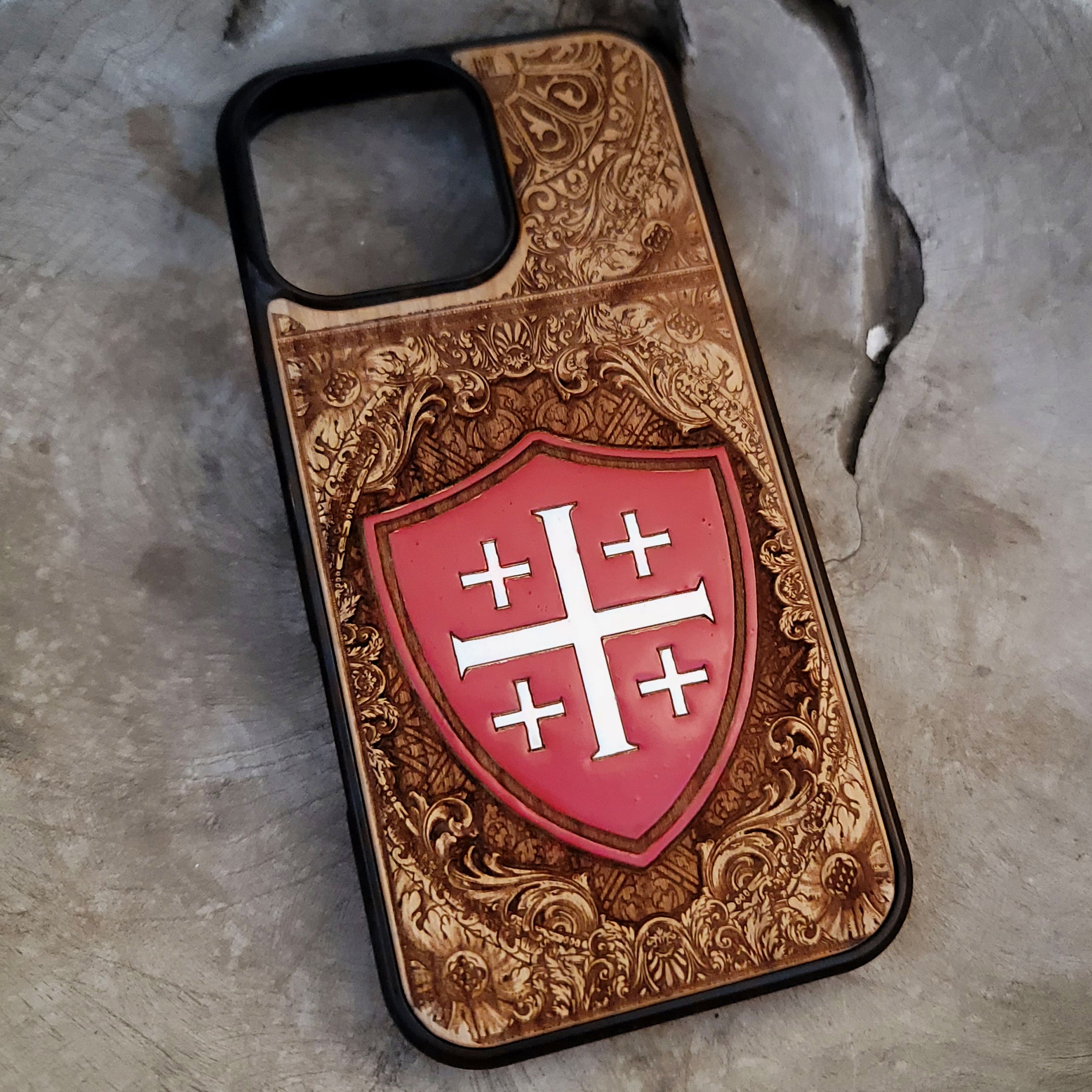 Hand painted Jerusalem Cross phone case with engraved shield design for iPhone 16 and Galaxy S26