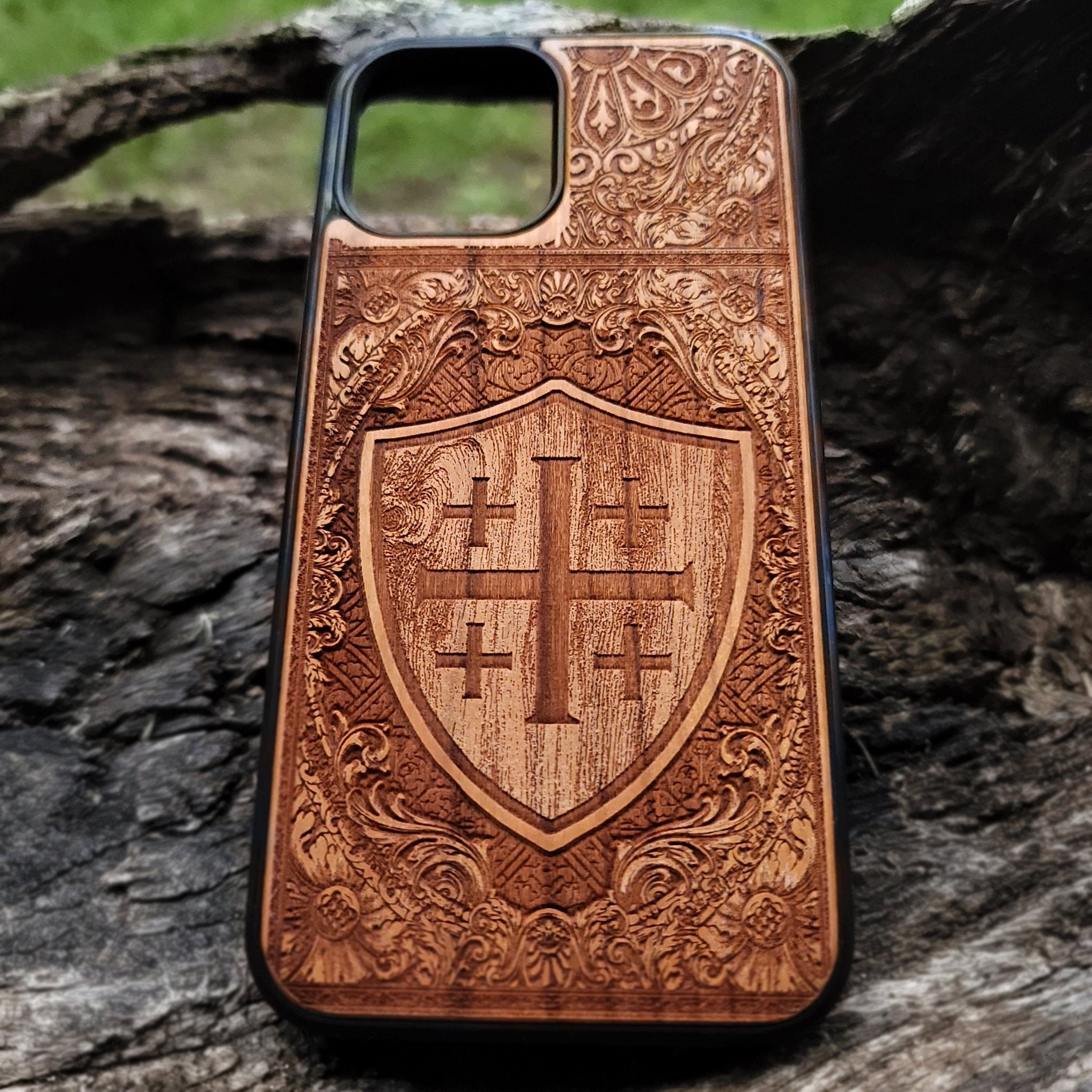 Jerusalem cross shield case Galaxy S wood engraved