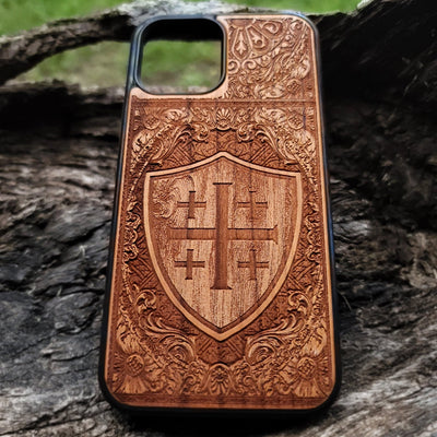 Jerusalem cross shield case Galaxy S wood engraved