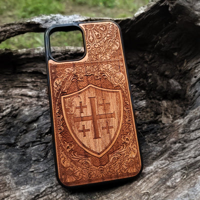 Jerusalem Cross engraved wood case Galaxy S24 iPhone