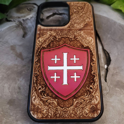 Jerusalem Kreuz - Holz Handytasche handbemalt