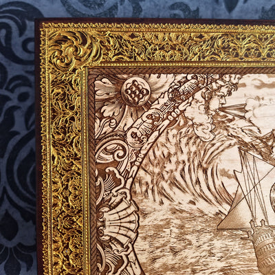 Extra-large Kraken engraved wood wall art, upper corner detail of the ornate frame and wave engraving