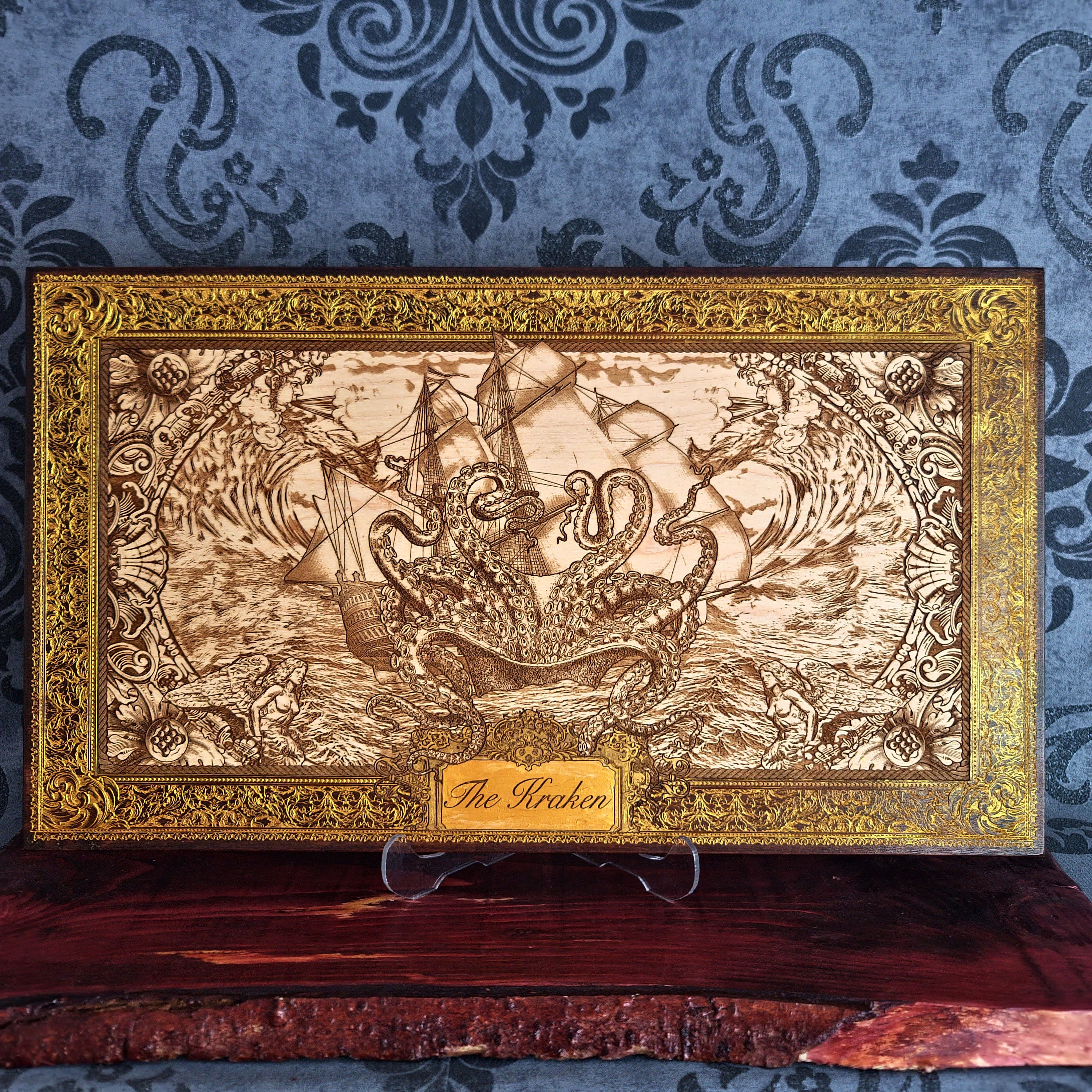 Extra-large Kraken engraved wood wall art, full front view of the sea monster battling sailing ships
