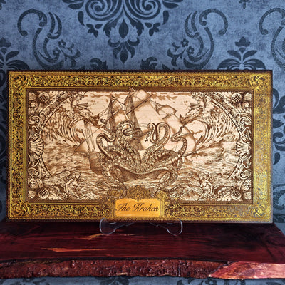 Extra-large Kraken engraved wood wall art, full front view of the sea monster battling sailing ships