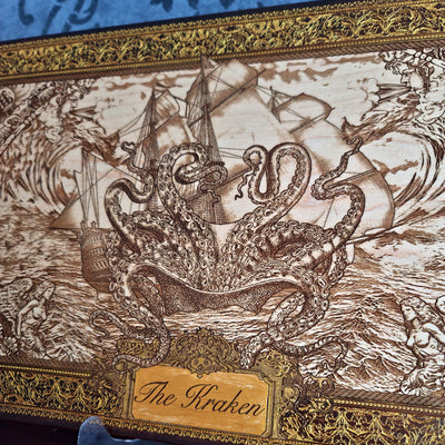 Extra-large Kraken engraved wood wall art, close-up of the Kraken, tentacles and carved title plaque