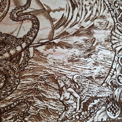 Extra-large Kraken engraved wood wall art, close-up of the sailor figure and laser-engraved ocean