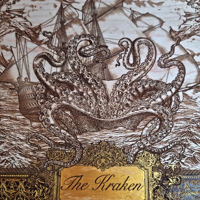Extra-large Kraken engraved wood wall art, straight-on detail of the giant octopus and sailing ship