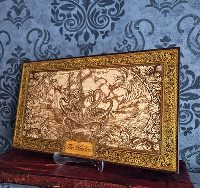 Extra-large Kraken engraved wood wall art, angled display view of the complete nautical artwork