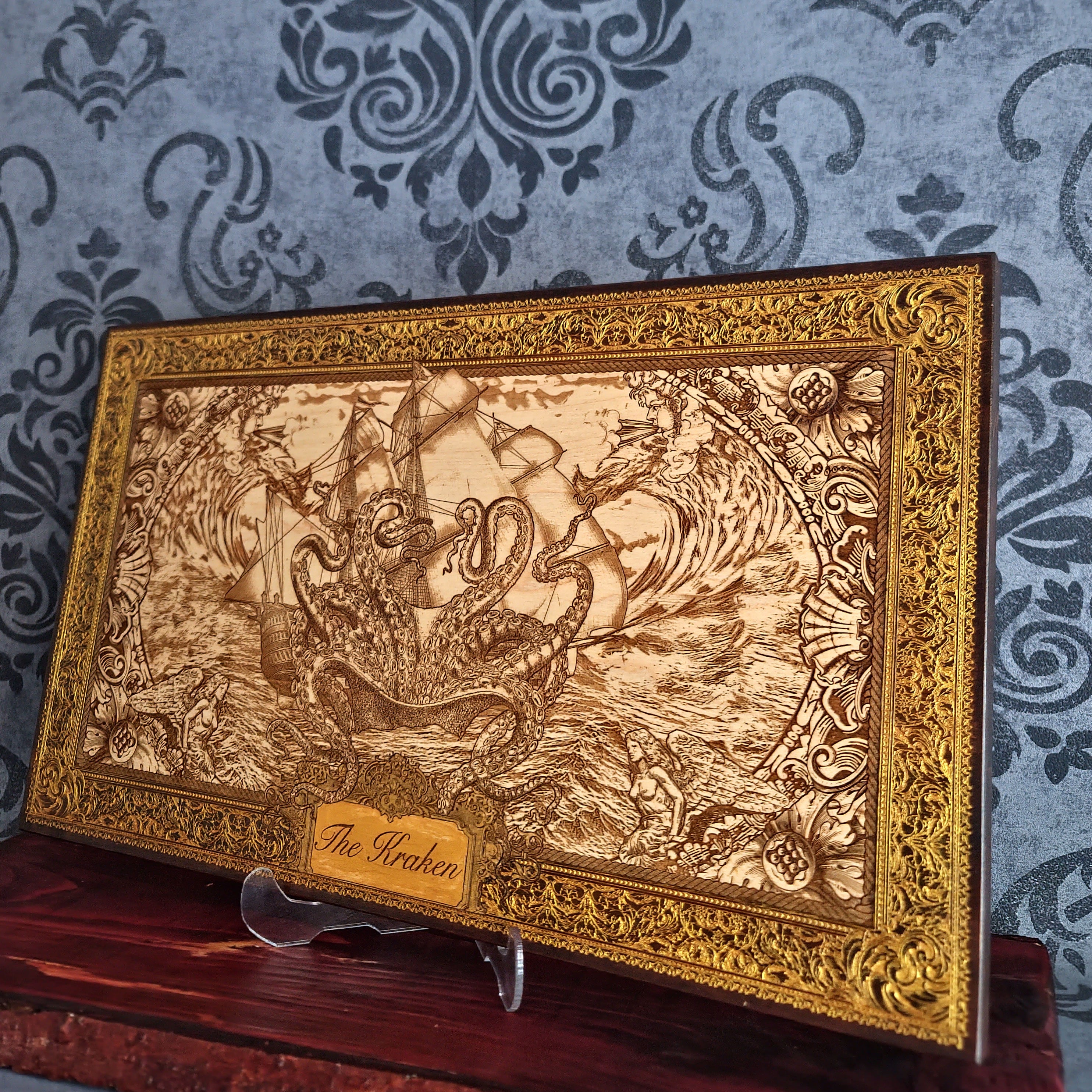 Extra-large Kraken engraved wood wall art, three-quarter view of the framed wood wall art