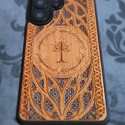 Lord of the Rings Gothic Design IV Silver wood phone case featuring intricate laser-engraved Gothic patterns. 