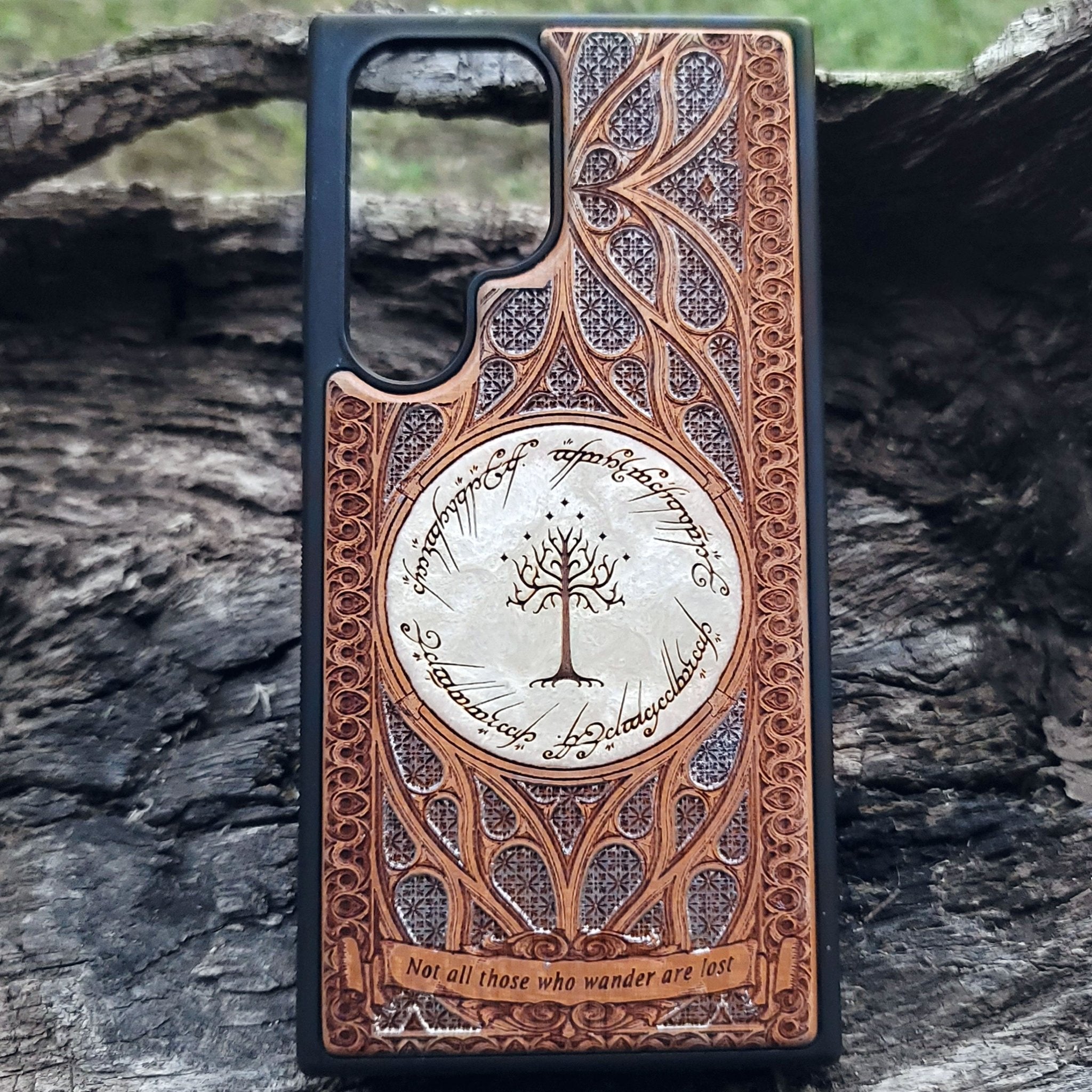 The Dark Tower from Lord of the Rings engraved on a wooden phone case, compatible with iPhone  and Samsung Galaxy S.