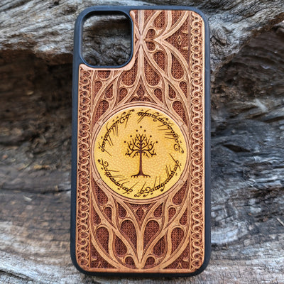 Lord of the Rings Gothic Design III wood phone case with a detailed laser-engraved Gothic pattern inspired by Middle-Earth. Compatible with iPhone , 15, 14, 13, 12, 11 Pro Max Mini and Samsung Galaxy S, S24, S23, S22, S21, S20 Ultra Plus, Note 20. Unique, slim, and durable design for fans of LOTR.