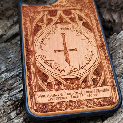 Handmade Lord of the Rings wood phone case, perfect for collectors
